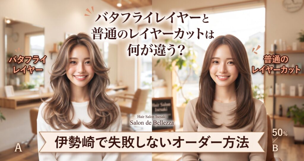 バタフライレイヤーと普通のレイヤーカットの仕上がりを左右で比較した、伊勢崎の美容室ONLY.のアイキャッチ画像
