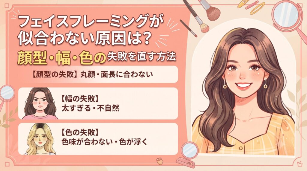 フェイスフレーミングが似合わない原因となる顔型・幅・色の3つの失敗例と、ロングヘアの女性のイラストを載せた記事のアイキャッチ画像