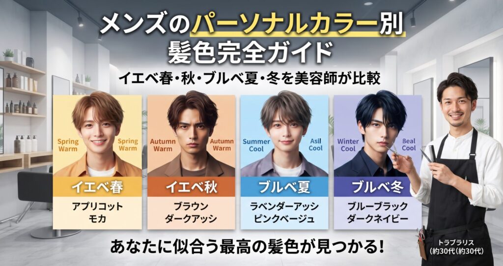 メンズのパーソナルカラー別に似合う髪色をイエベ春・秋・ブルベ夏・冬で比較する伊勢崎の美容室ONLY.