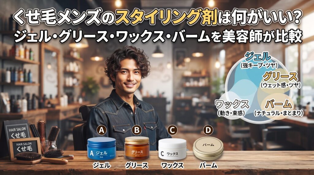 くせ毛メンズのスタイリング剤としてジェル・グリース・ワックス・バームを比較する伊勢崎の美容室ONLY.の画像