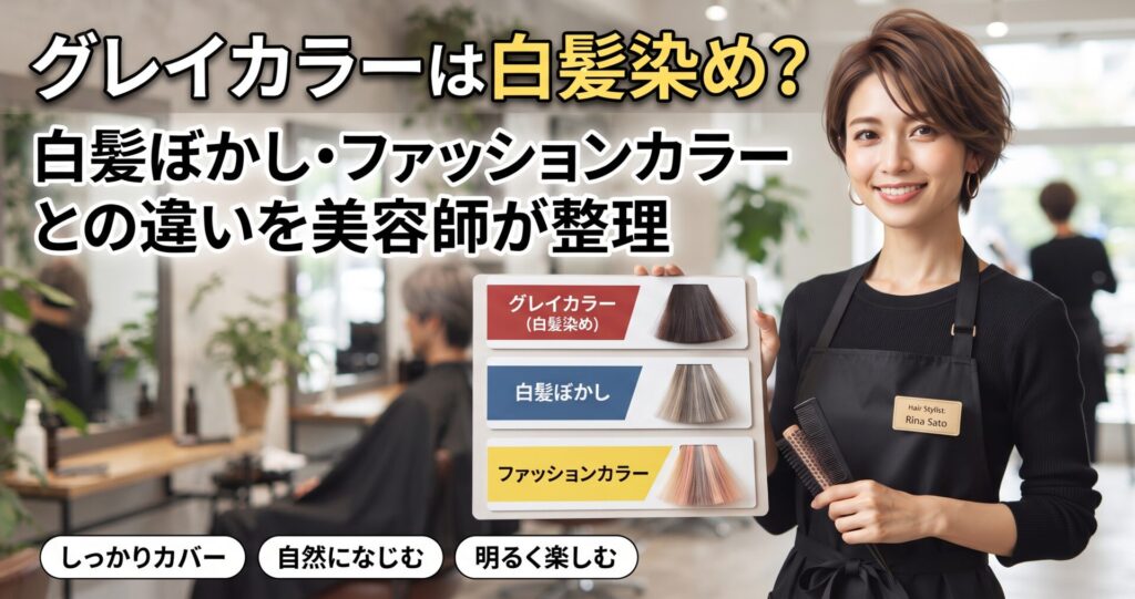 グレイカラーと白髪ぼかし・ファッションカラーの仕上がりの違いを美容師が比較する伊勢崎の美容室ONLY.の解説画像