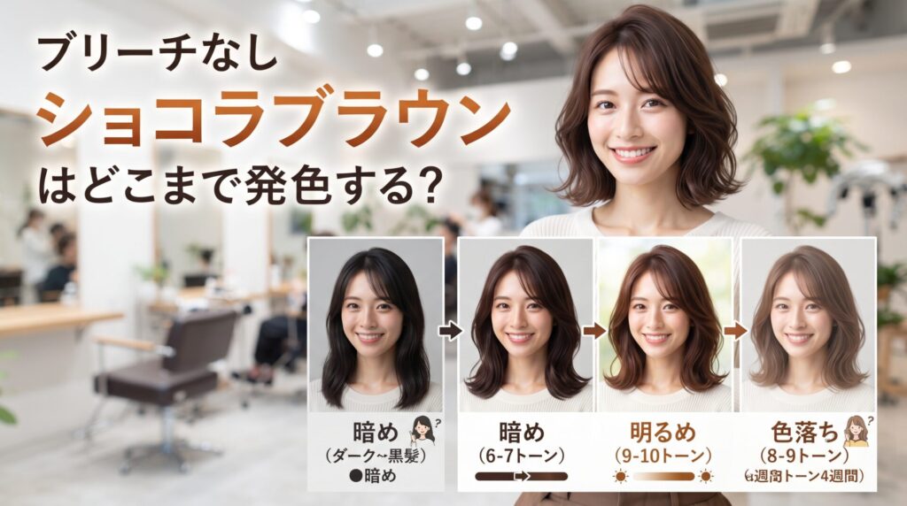 ブリーチなしショコラブラウンの暗め・明るめの発色と色落ちの経過をトーン別に比較する伊勢崎の美容室ONLY.