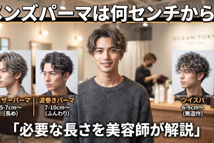伊勢崎の美容室ONLY.が解説するメンズパーマの必要な長さ。フェザー・波巻き・ツイスパ別に何センチから可能かを示したアイキャッチ
