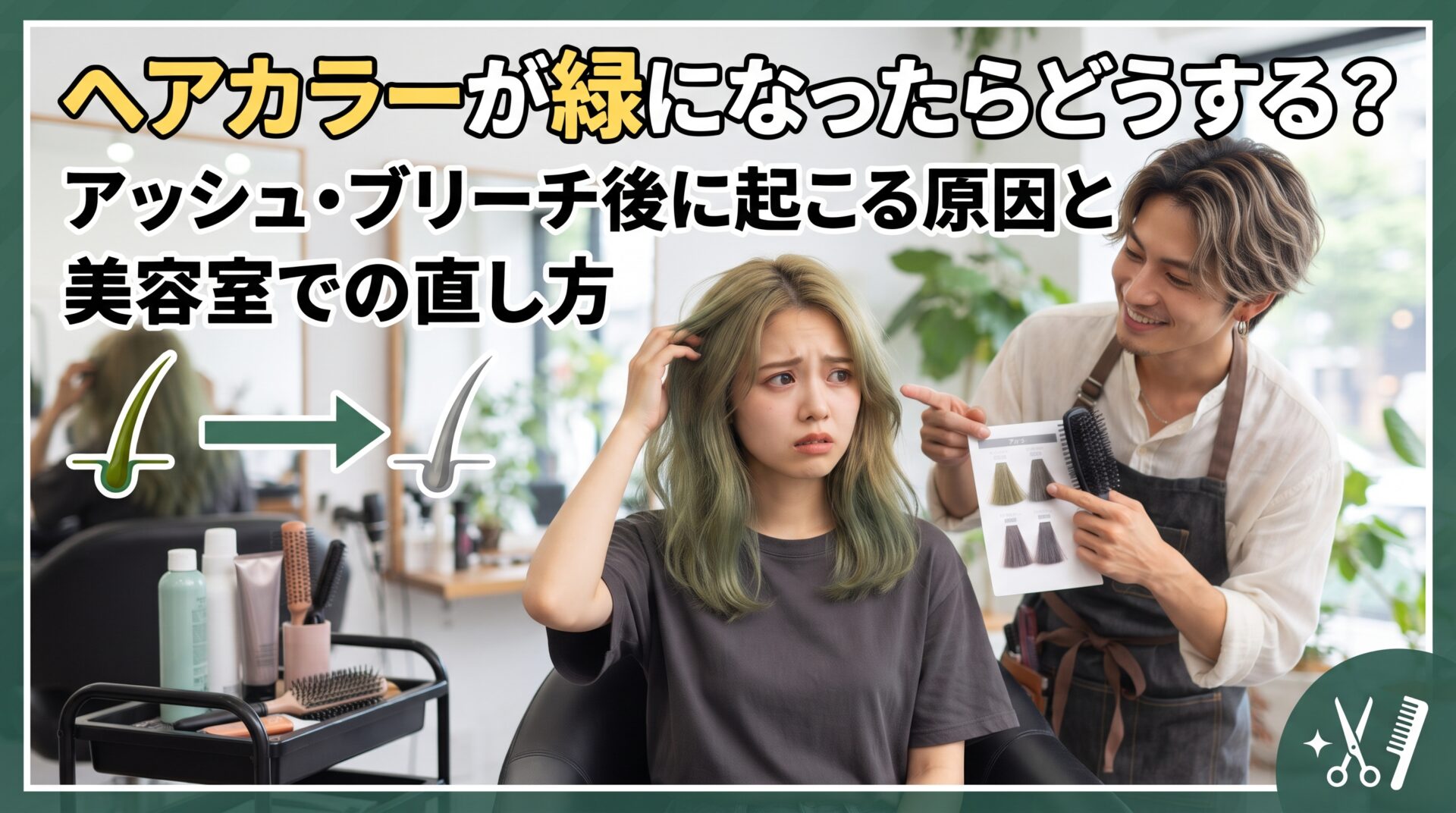 ヘアカラーが緑になった時の直し方を解説｜色補正を相談するサロンの様子