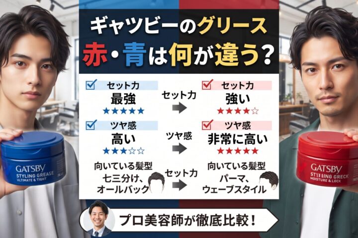 ギャツビーのグリース赤・青の違いをセット力・ツヤ感・向いている髪型で比較する伊勢崎の美容室ONLY.の画像