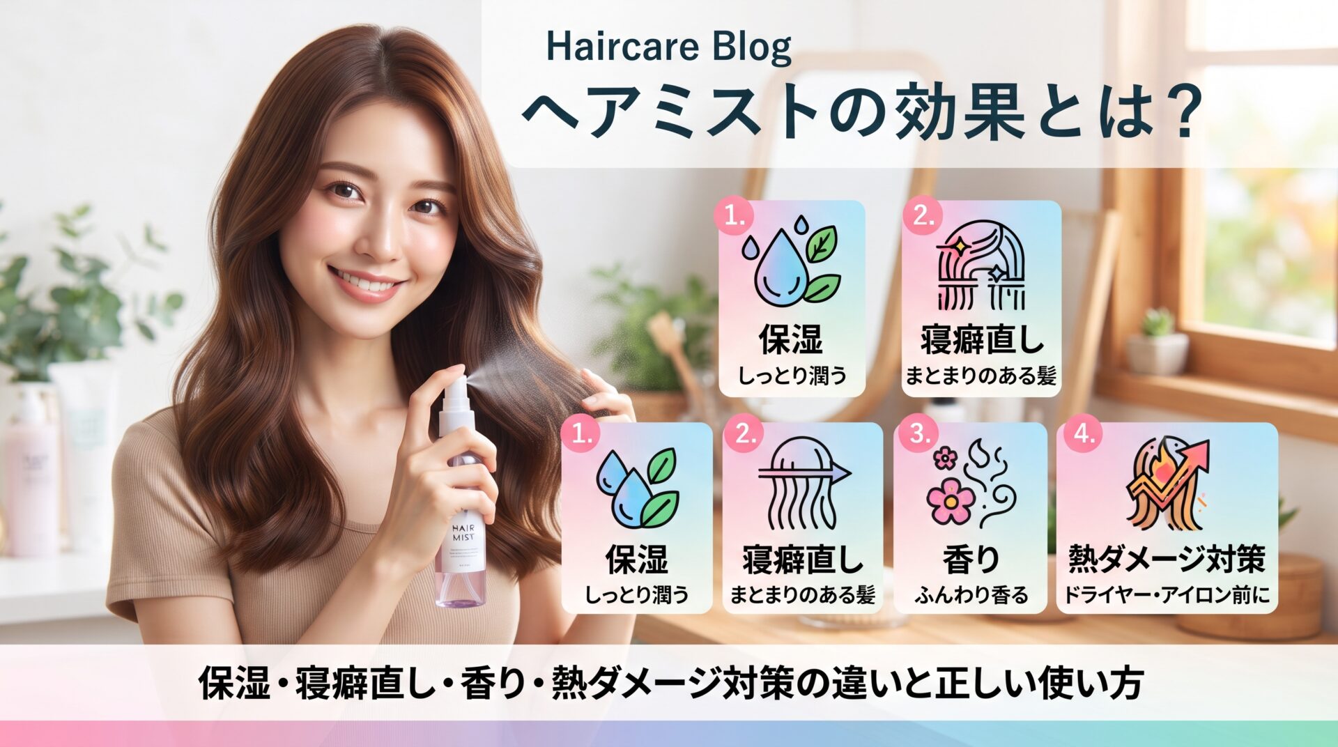 保湿・寝癖直し・香り・熱ダメージ対策などヘアミストの効果と使い方を解説する伊勢崎の美容室ONLY.の画像