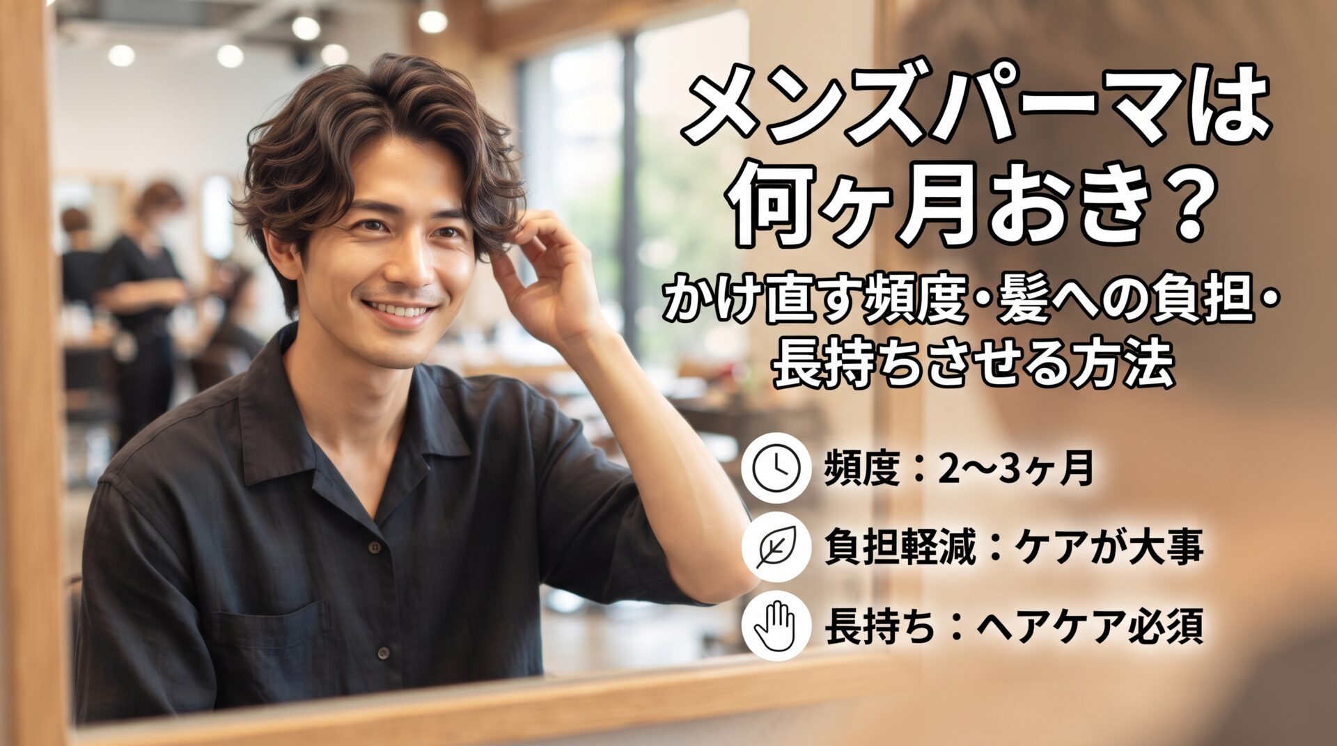 メンズパーマをかけた男性と、かけ直す頻度・髪への負担・長持ちさせる方法を解説する伊勢崎の美容室ONLY.のアイキャッチ